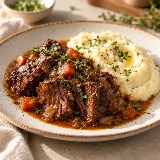 Carne assada desfiada com purê, sem açúcar, sem glúten e sem lactose