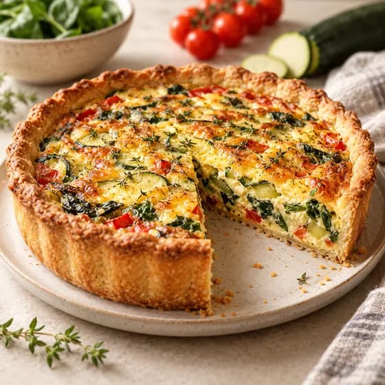 Quiche de legumes com massa dourada, sem açúcar, sem glúten e sem lactose