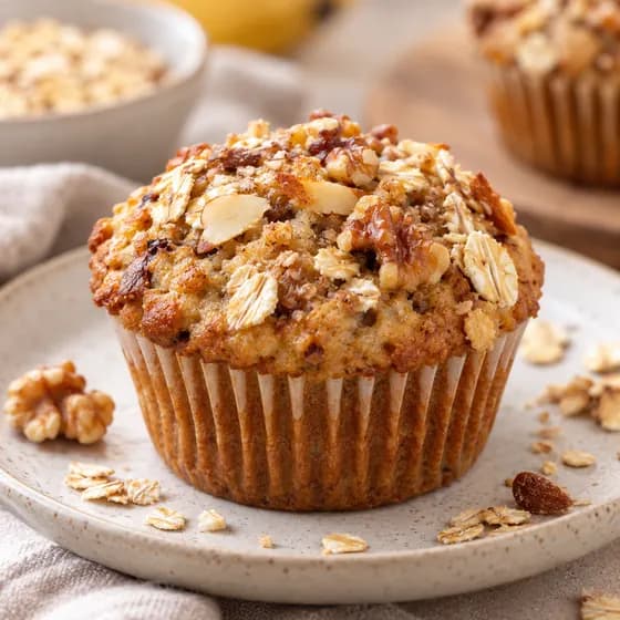 Muffin de banana com nozes e aveia, sem açúcar, sem glúten e sem lactose
