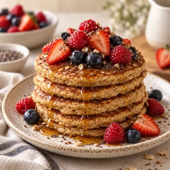 Panquecas empilhadas com frutas vermelhas, sem açúcar, sem glúten e sem lactose