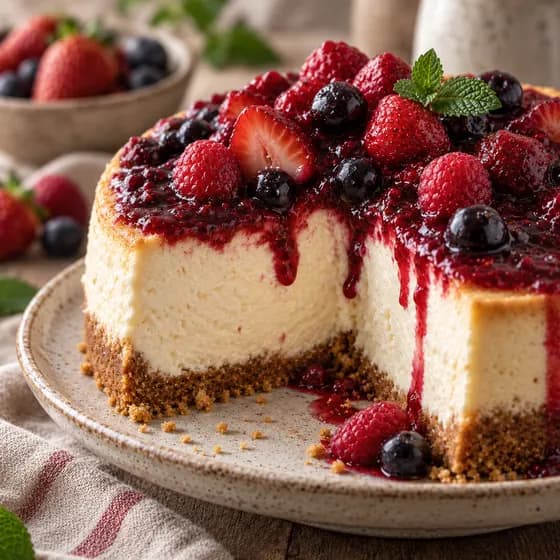 Cheesecake com calda de frutas vermelhas, sem açúcar e sem lactose