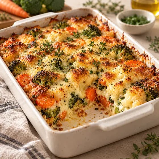 Gratinado de legumes na travessa, sem açúcar, sem glúten e sem lactose