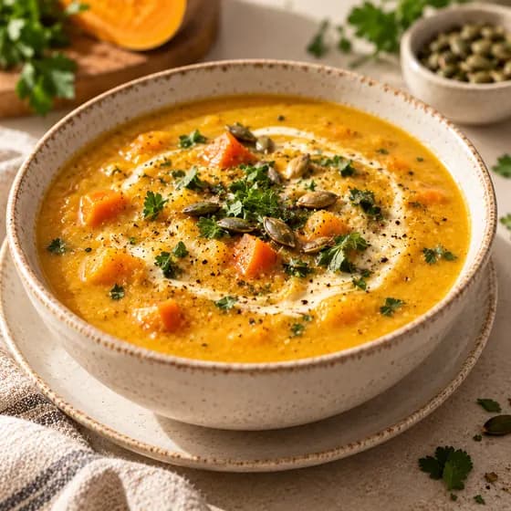Sopa cremosa de abóbora com sementes, sem açúcar, sem glúten e sem lactose