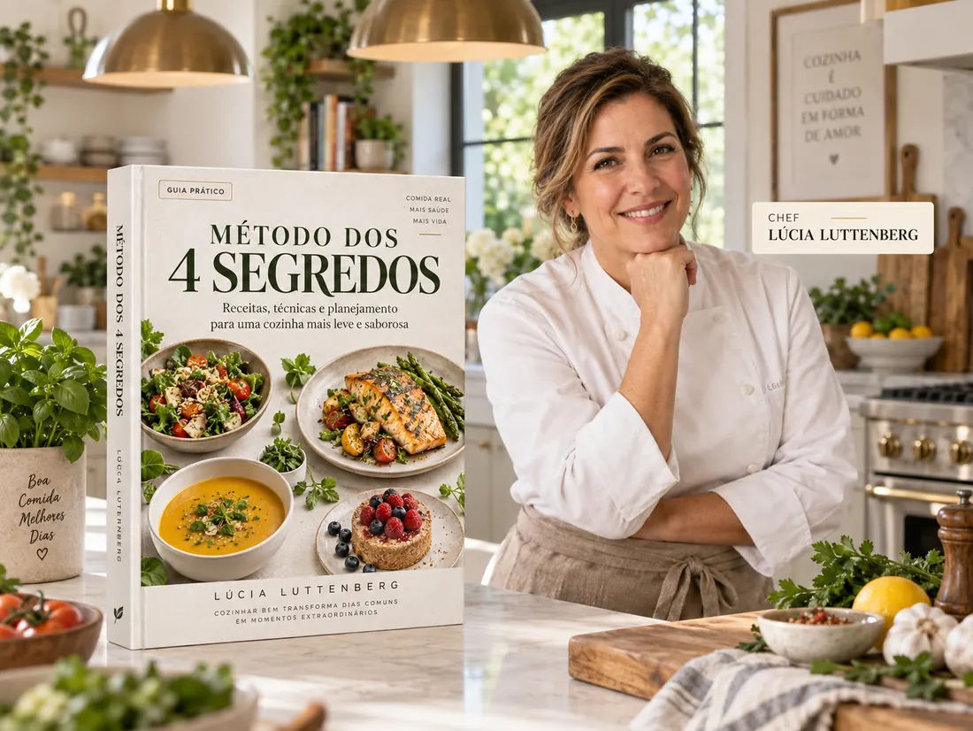 Chef Lúcia Luttenberg na cozinha, ao lado do Método dos 4 Segredos