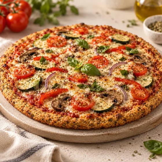 Pizza inteira com legumes e massa dourada, sem açúcar, sem glúten e sem lactose