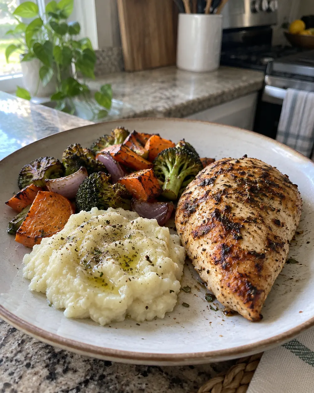 Almoço de terça, pronto em meia hora. O purê é de couve-flor. Meu marido repetiu e só depois perguntou o que era.