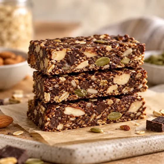 Barrinhas de castanha e cacau empilhadas, sem açúcar, sem glúten e sem lactose