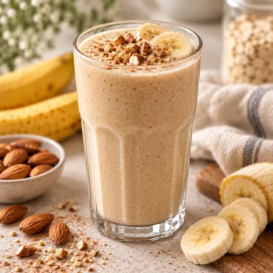 Vitamina de banana com castanhas em copo alto, sem açúcar, sem glúten e sem lactose