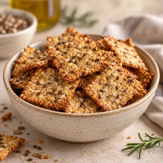 Crackers de sementes numa tigela, sem açúcar, sem glúten e sem lactose