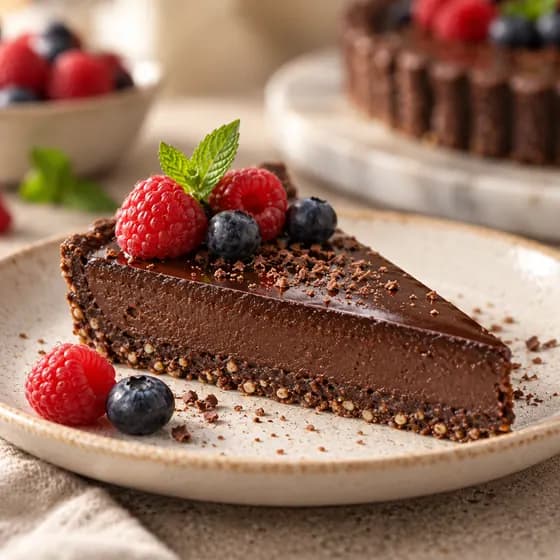 Fatia de torta de chocolate com frutas vermelhas, sem açúcar, sem glúten e sem lactose