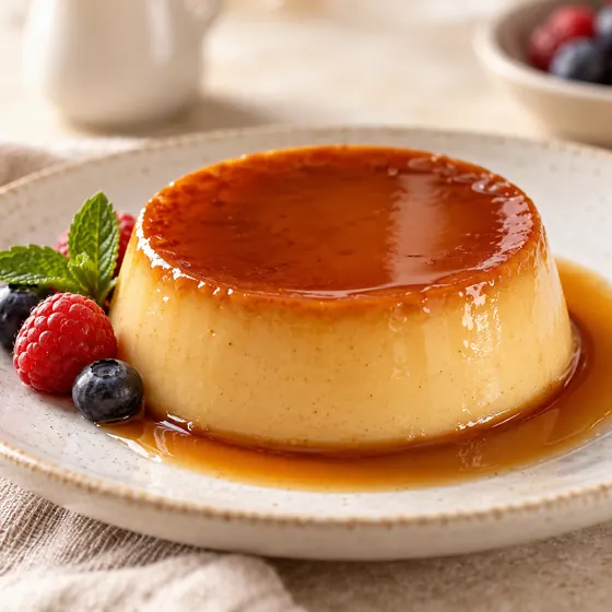 Pudim com calda de caramelo, sem açúcar, sem glúten e sem lactose