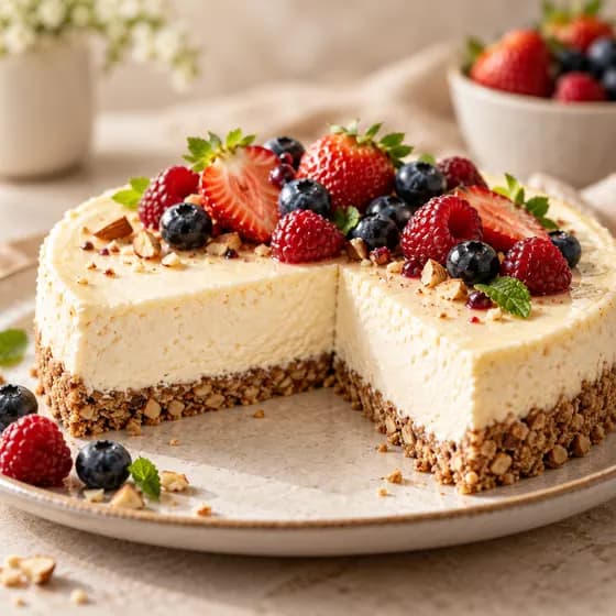 Cheesecake de frutas vermelhas cortado, sem açúcar, sem glúten e sem lactose